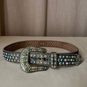Majestik Rhinestone Skull Belt Y2K Crystal Studded Heavy Leather Sz S 28-32